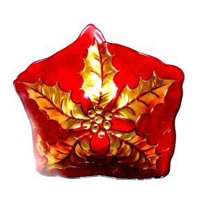 Ruby Red Gold Holly Pressed Glass Dish Candy Bowl Christmas Holiday Winter  Vtg